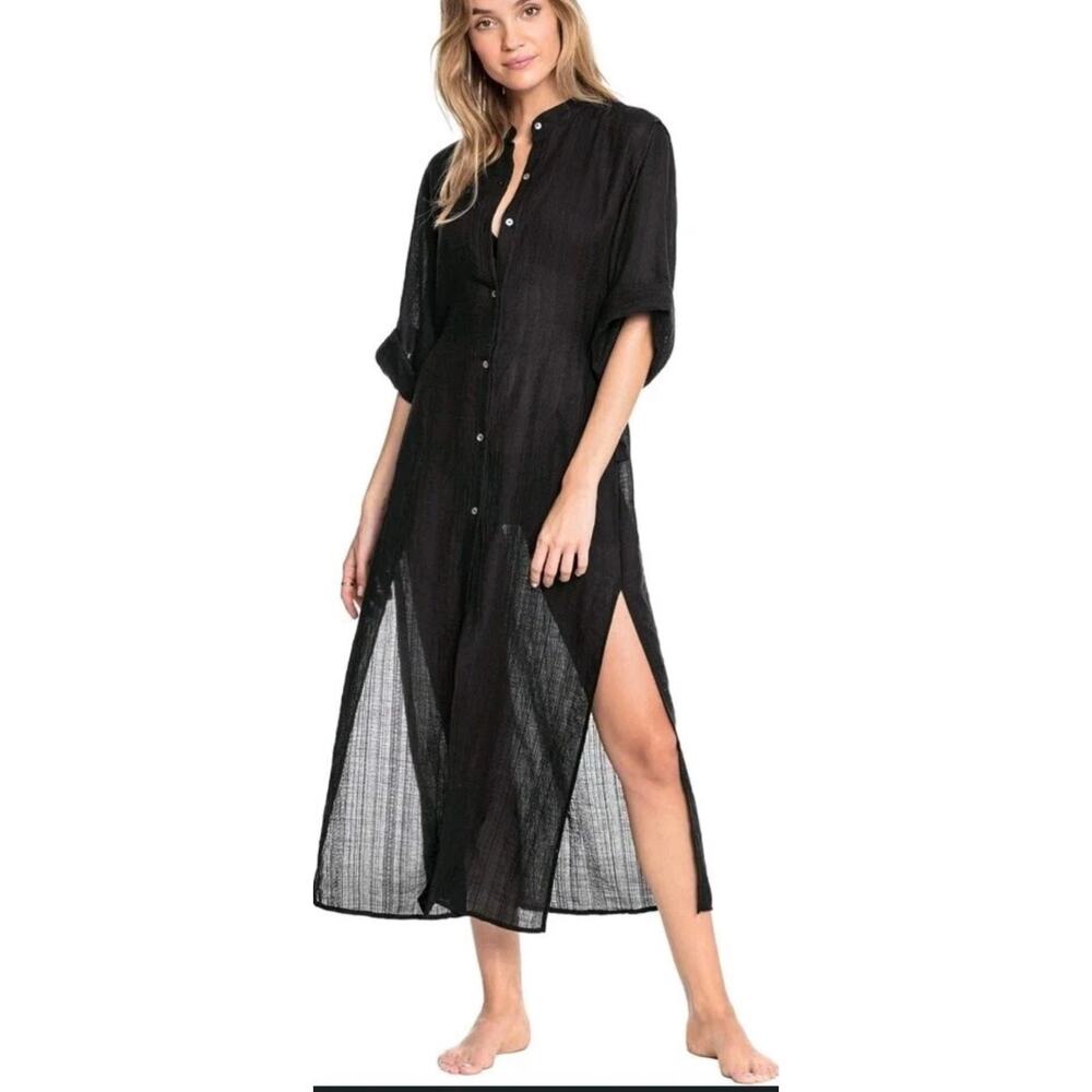 Robin Piccone “Michelle” Black Sheer Button-Front Caftan Swim Cover-Up Medium